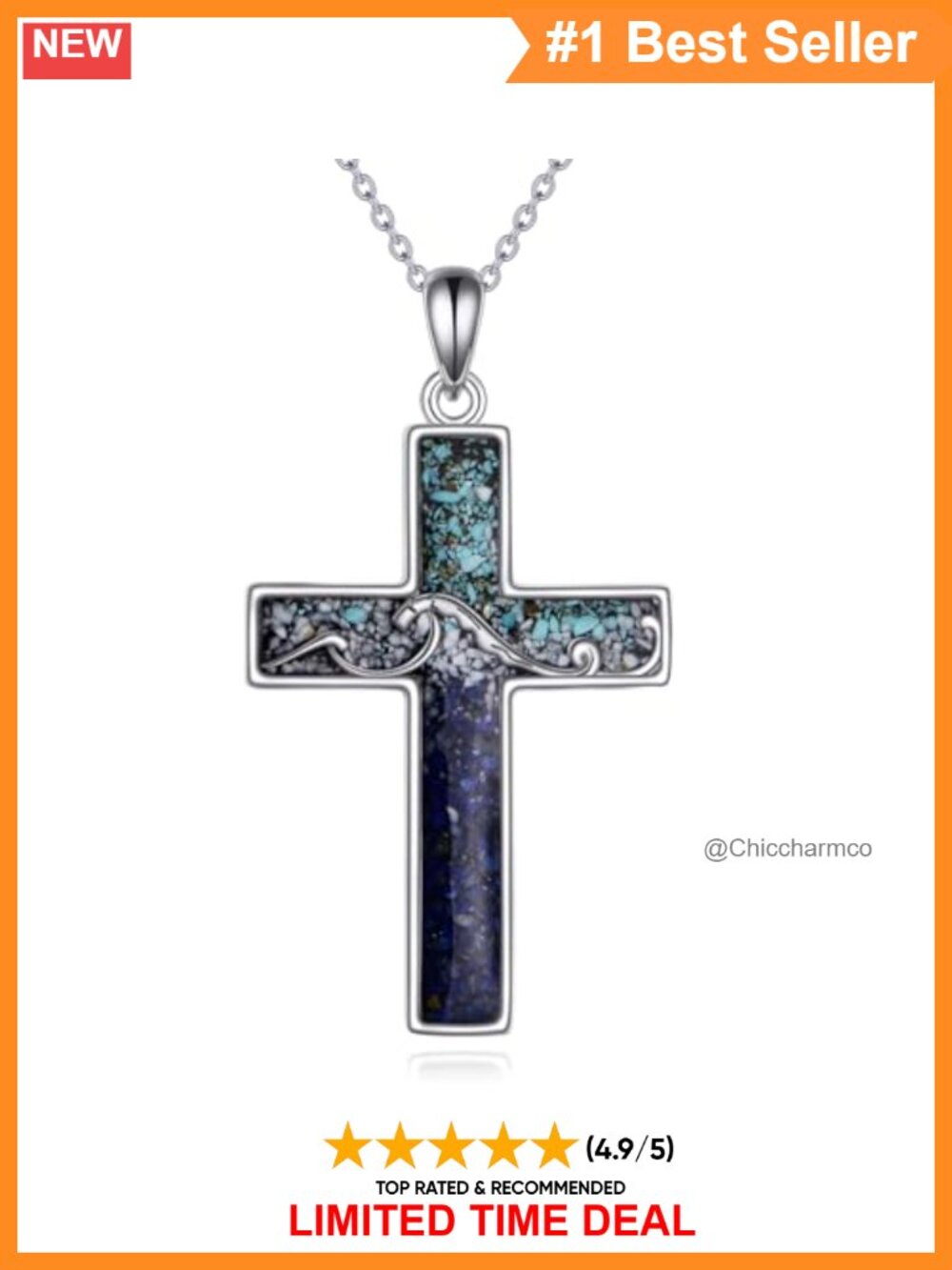 Crushed Gemstone Cross Necklace 18K White Gold Plated Mountain Ocean Pendant